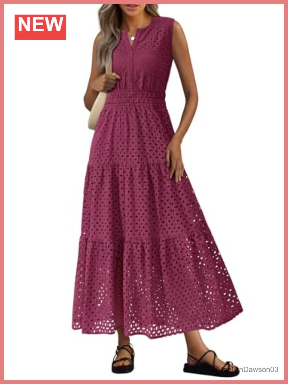 Women's Cotton Eyelet Maxi Dress Sleeveless V-Neck Flowy Summer Sundress